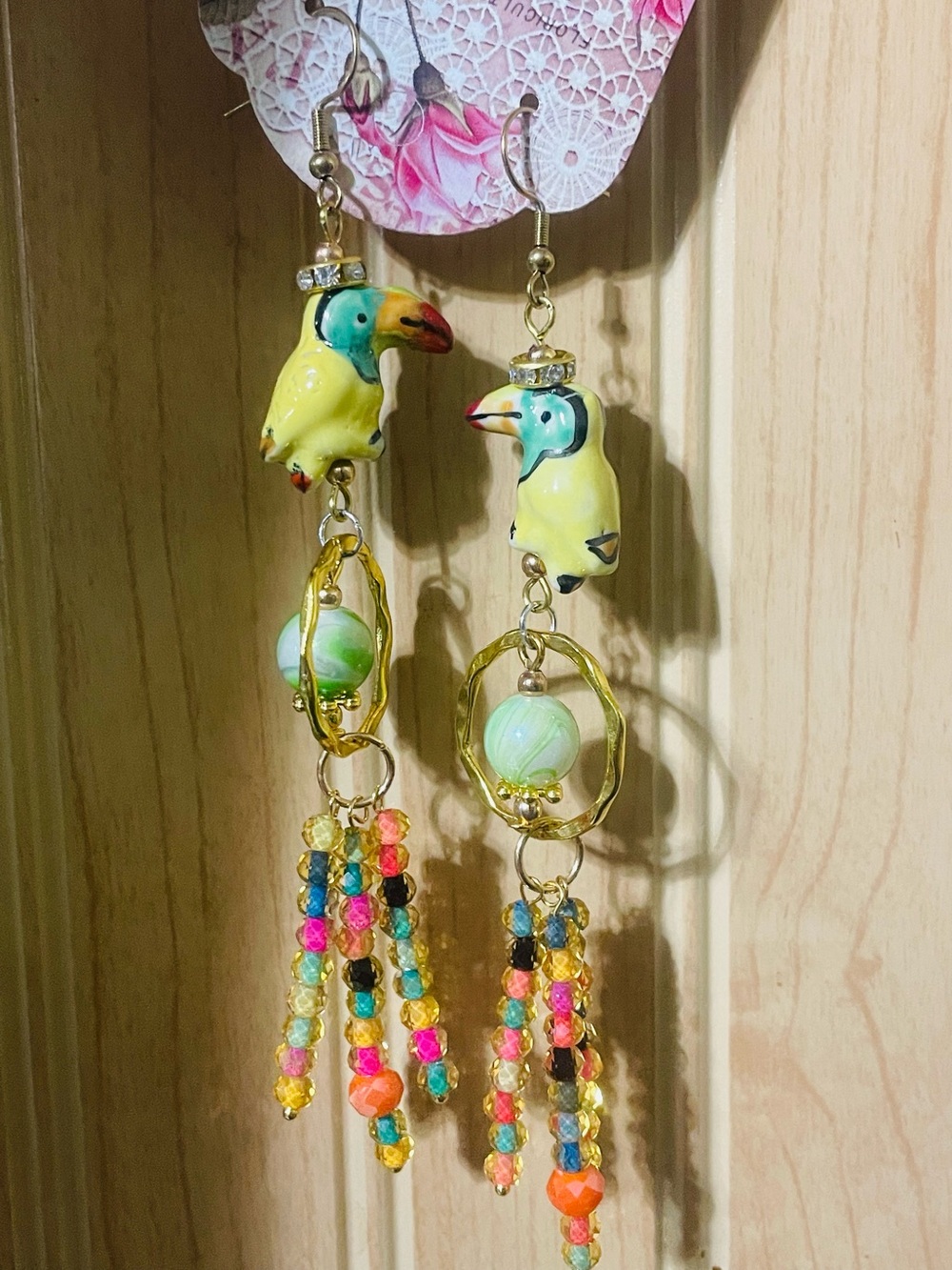 Hand Crafted Multicolor Toucan Sam Dangle Earrings with Gold Accents - Picture 4 of 6